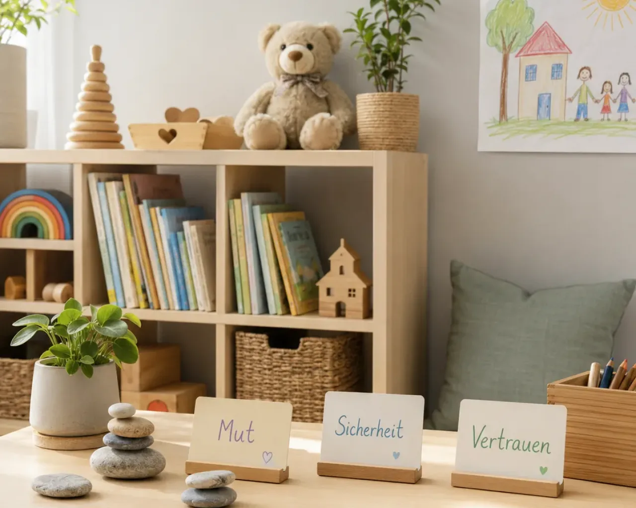 Systemische Holzfiguren auf dem Tisch – Aufstellung einer Familienkonstellation